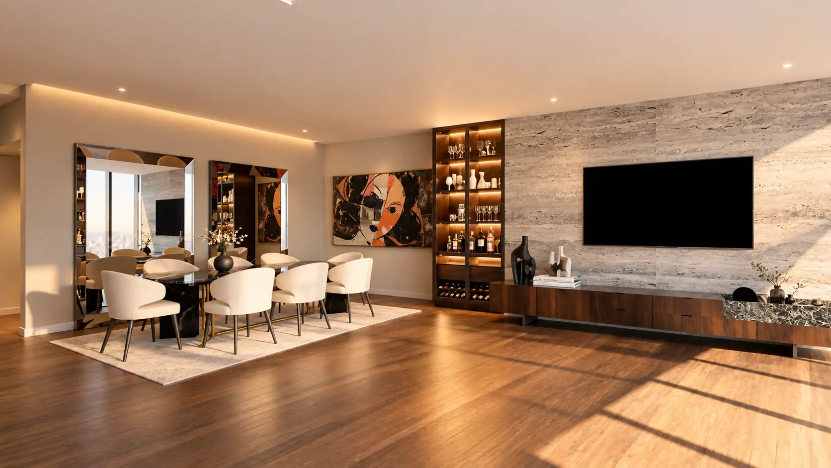 Open living and dining space with a travertine media wall, walnut console, lit bar cabinet and a black marble dining table