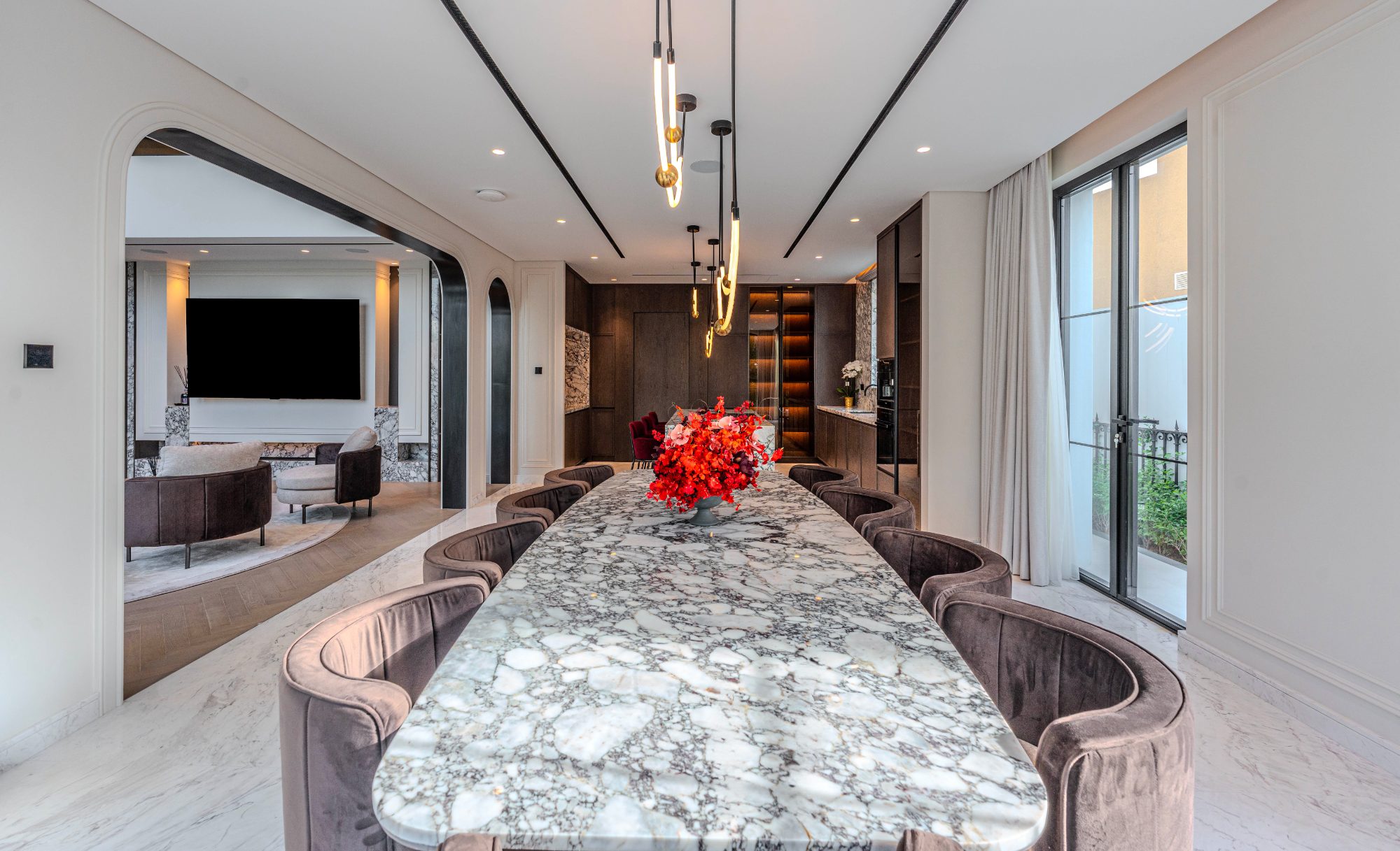 Formal dining room with marble oval table