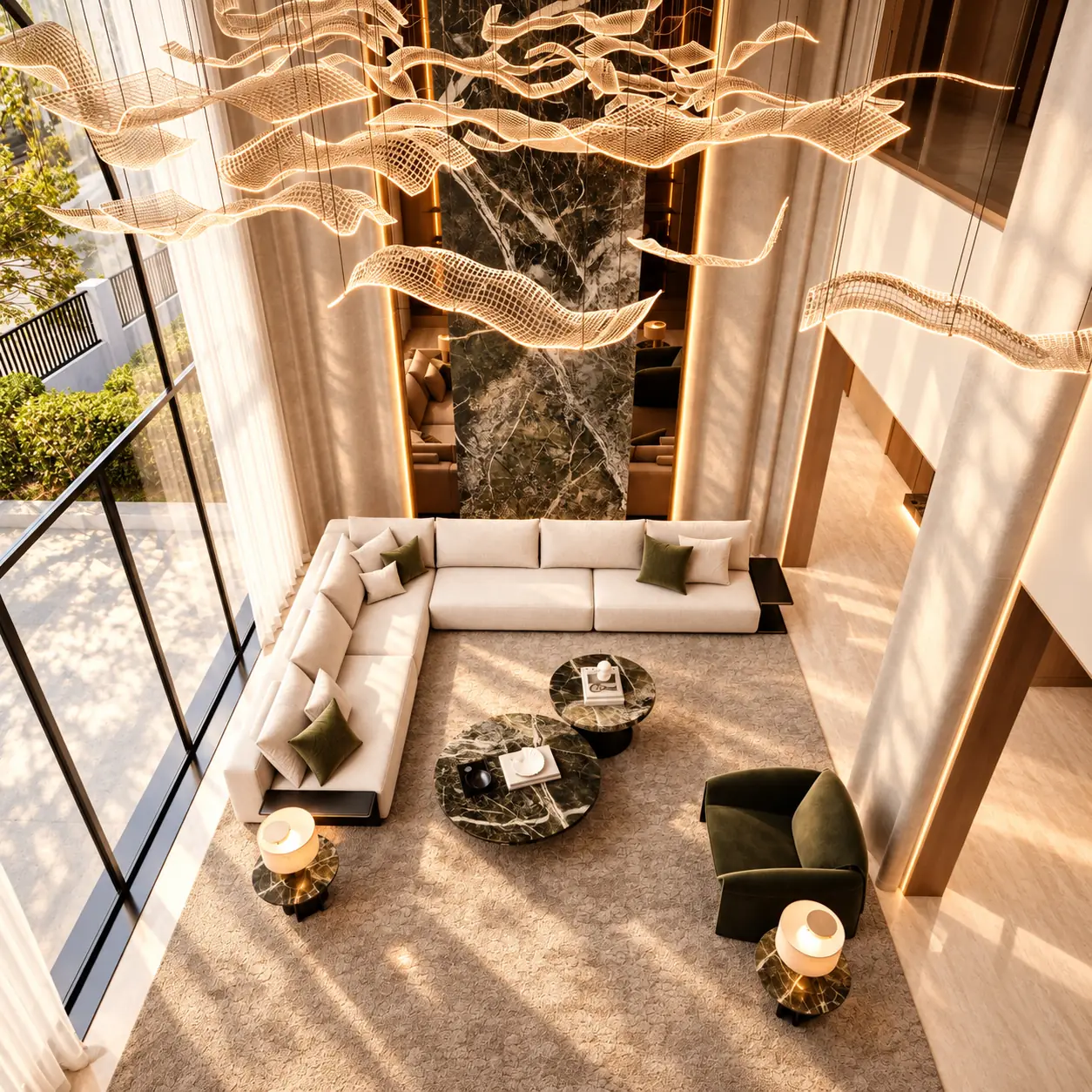 View from above of an ivory L-shaped sofa, round green marble tables and an olive velvet armchair beneath woven light ribbons