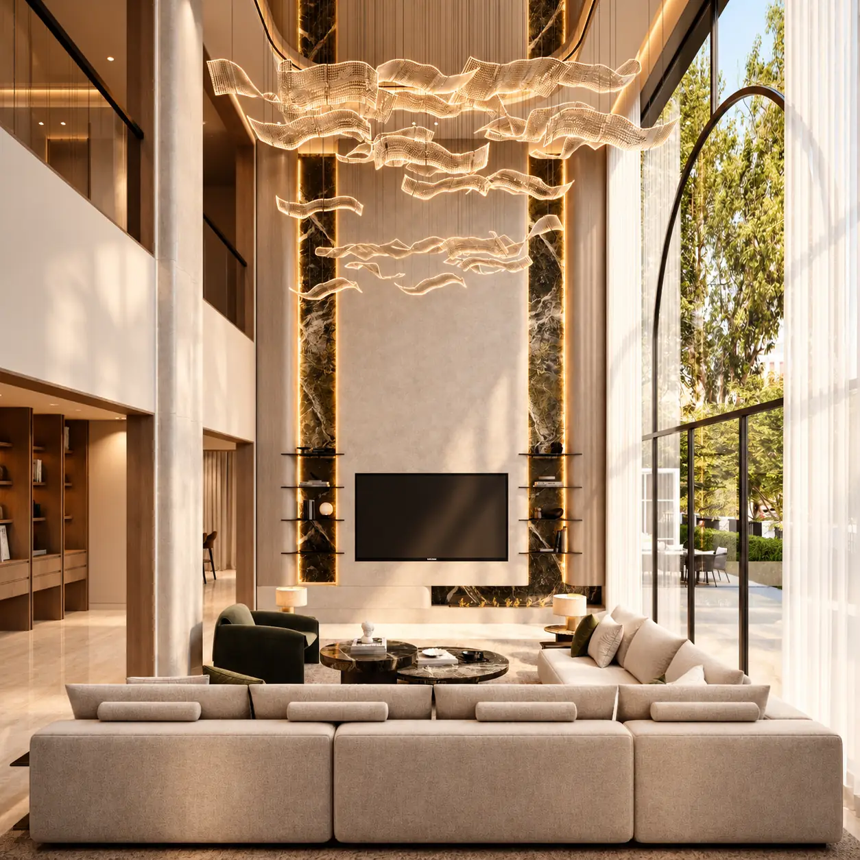 Double-height media wall with two backlit green marble columns, floating shelves and a linear fireplace under the ribbon light sculpture