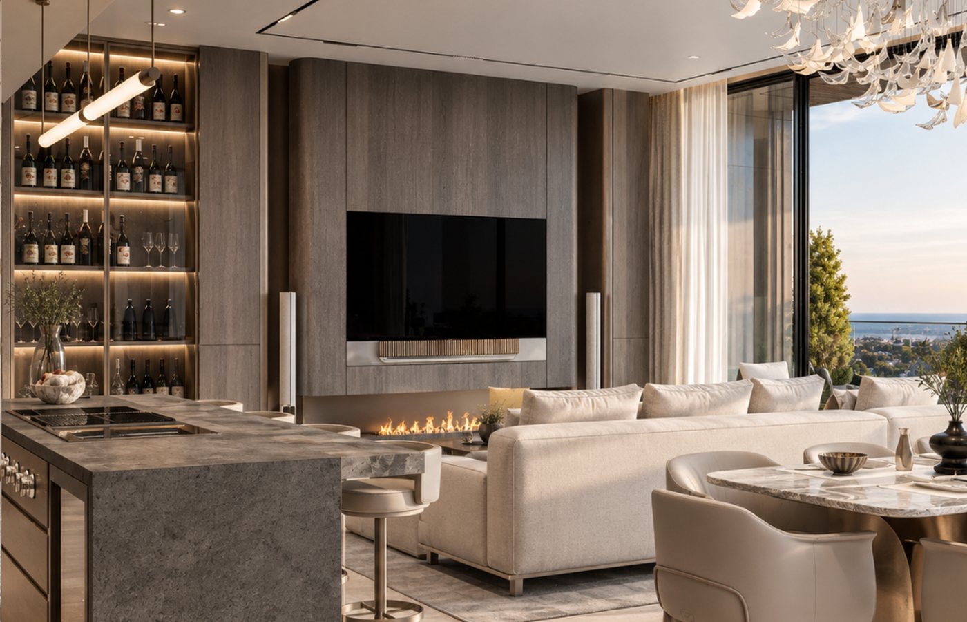 Open-plan living and dining area of a renovated Dubai villa with warm minimalist finishes and integrated wine storage