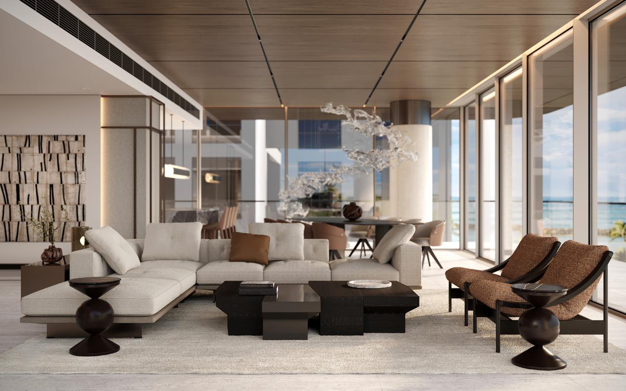 Open-plan living volume with sea glazing on two sides, Serenia Living, Palm Jumeirah