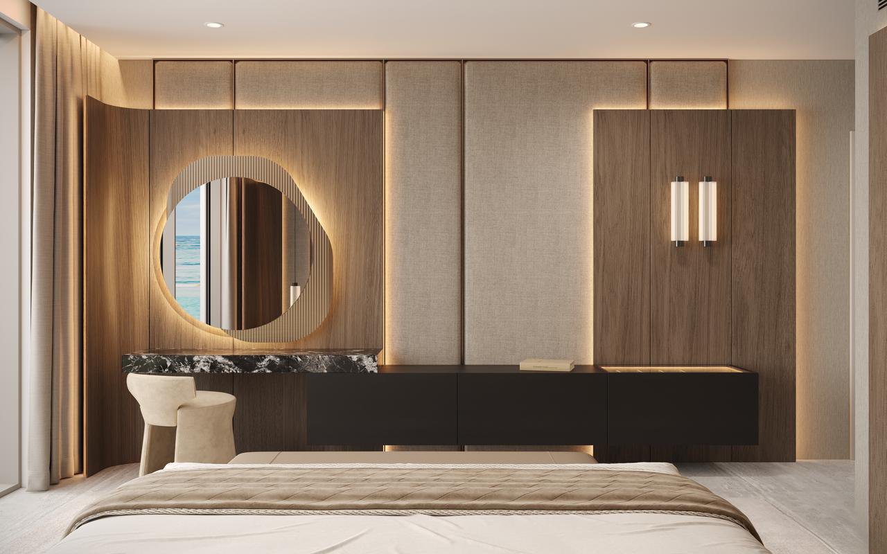 Master dressing wall with dark marble floating vanity, blackened oak drawers and organic backlit mirror