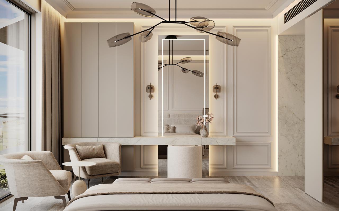 Second bedroom with hand-run ivory panelling, marble dressing ledge and backlit mirror