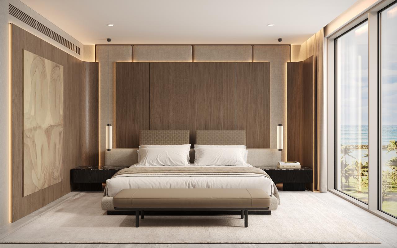 Master bedroom with full-height oak headboard wall, linen upholstered panels and sea glazing