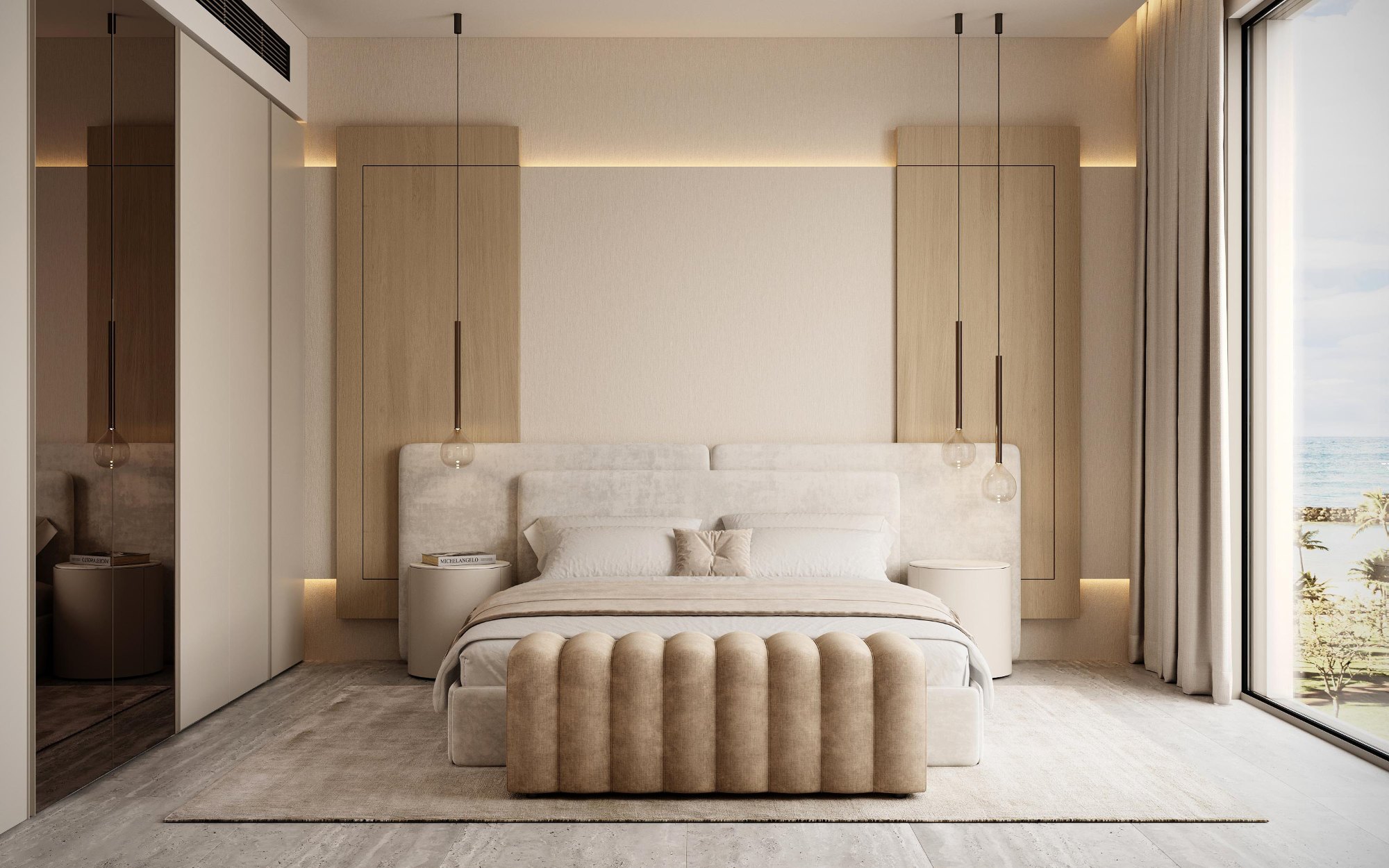 Guest bedroom in pale oak and ivory with fluted upholstered bench and sea view