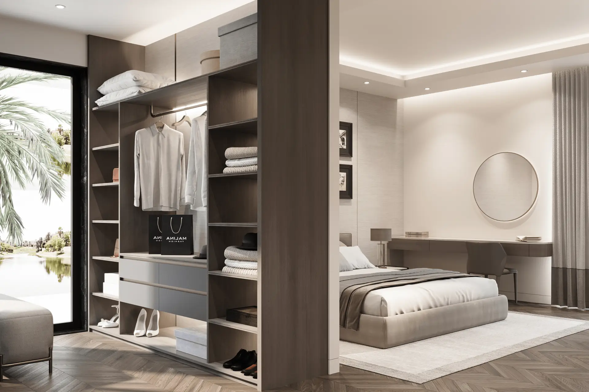 Luxurious master bedroom in Villa featuring custom-designed interiors and panoramic views by K4 Top Fit-Out Company