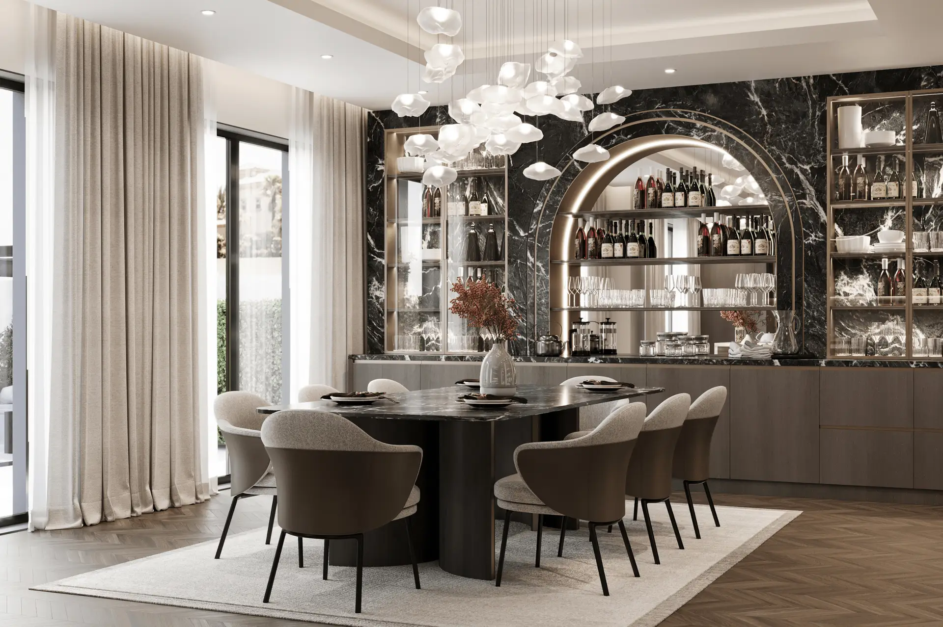 Elegant dining space in Villa with bespoke furniture and ambient lighting designed by K4 Fit-Out