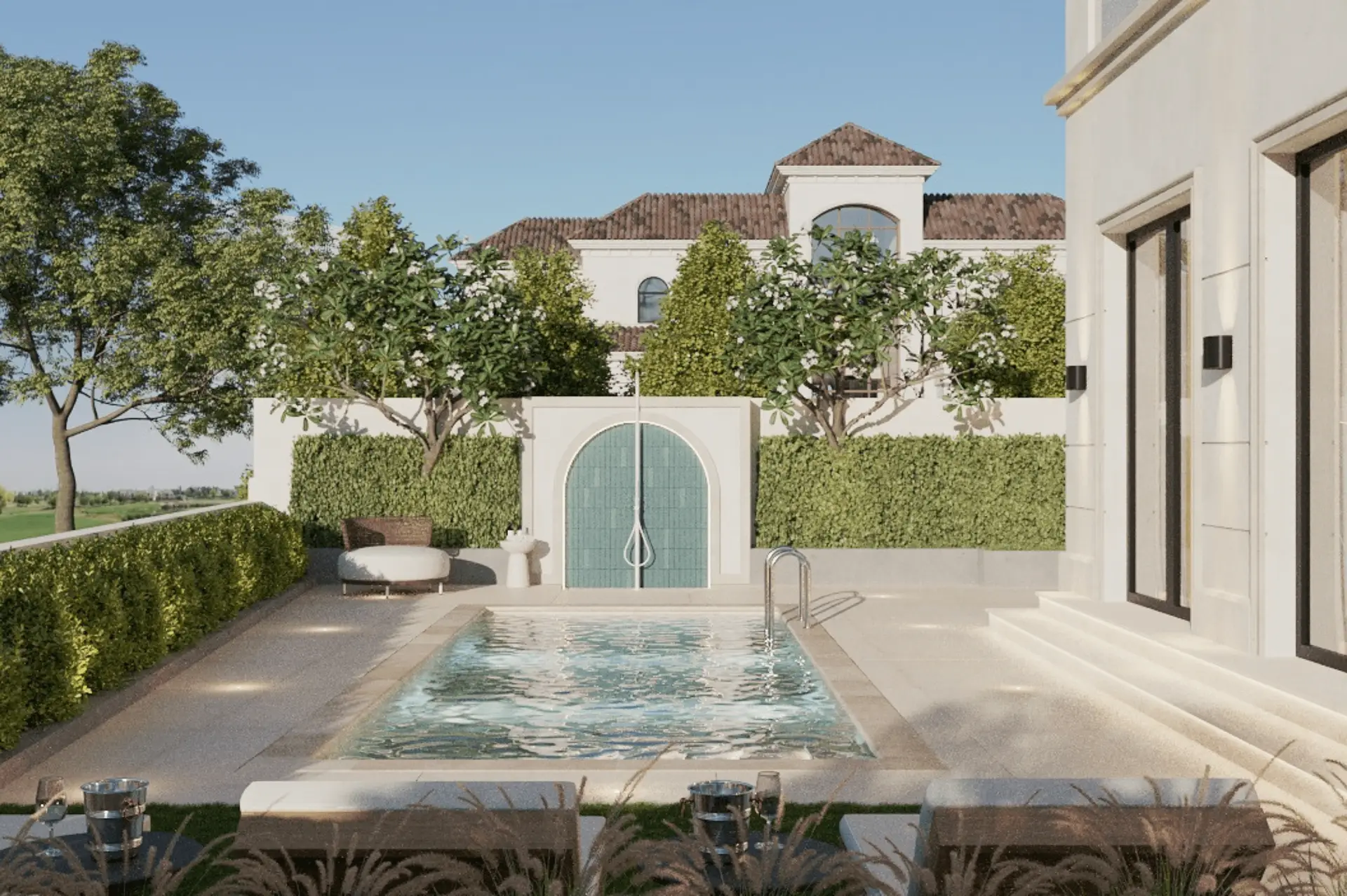 Private swimming pool of Villa with surrounding deck and greenery designed by K4 Fit-Out.