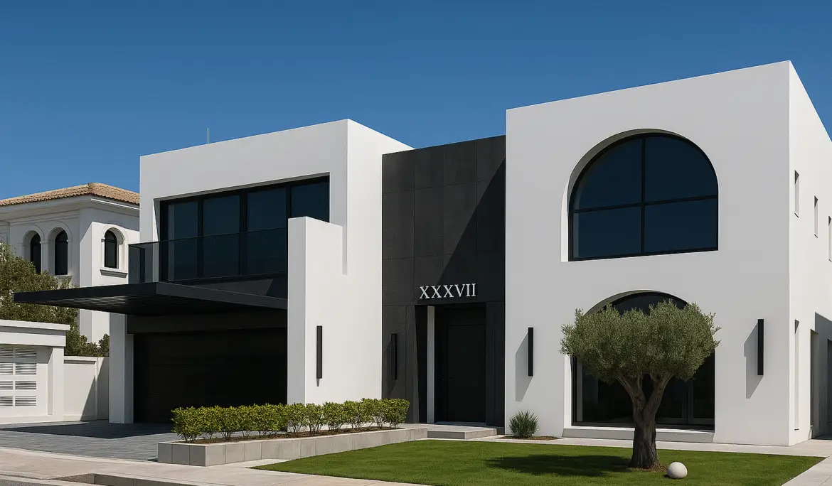 Exterior view of K4's luxury turnkey villa on Palm Jumeirah's Frond E, showcasing modern architecture and beachfront setting.
