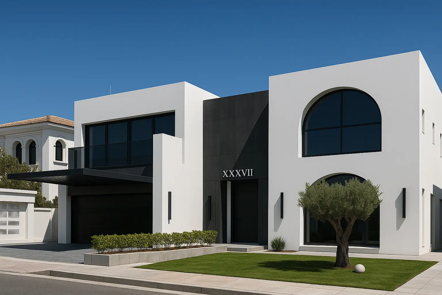 Exterior view of K4's luxury turnkey villa on Palm Jumeirah's Frond E, showcasing modern architecture and beachfront setting.