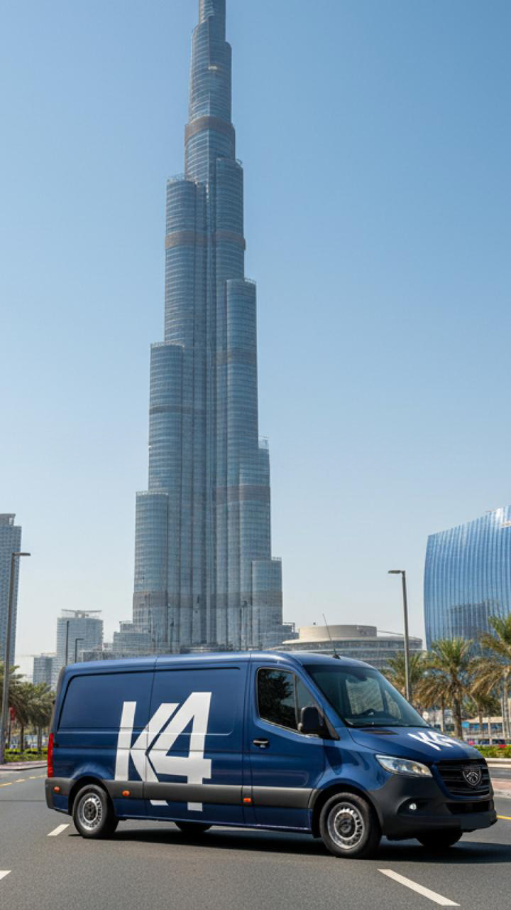 K4 branded maintenance van on a Dubai road by the Burj Khalifa