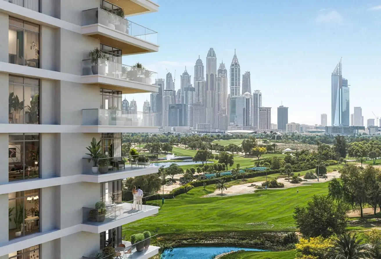 Balconies overlooking Emirates Golf Course and the Marina skyline