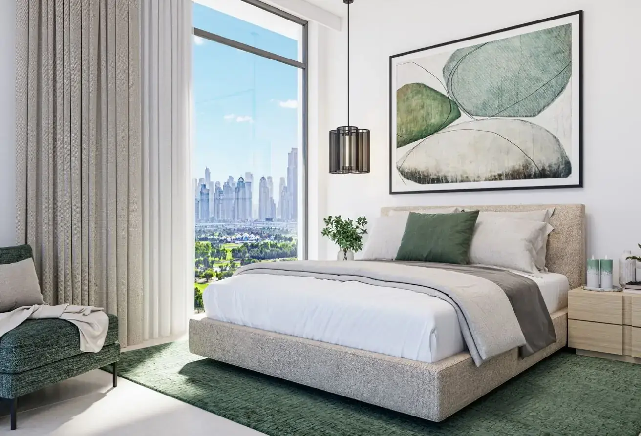 Bedroom with full-height window and skyline view