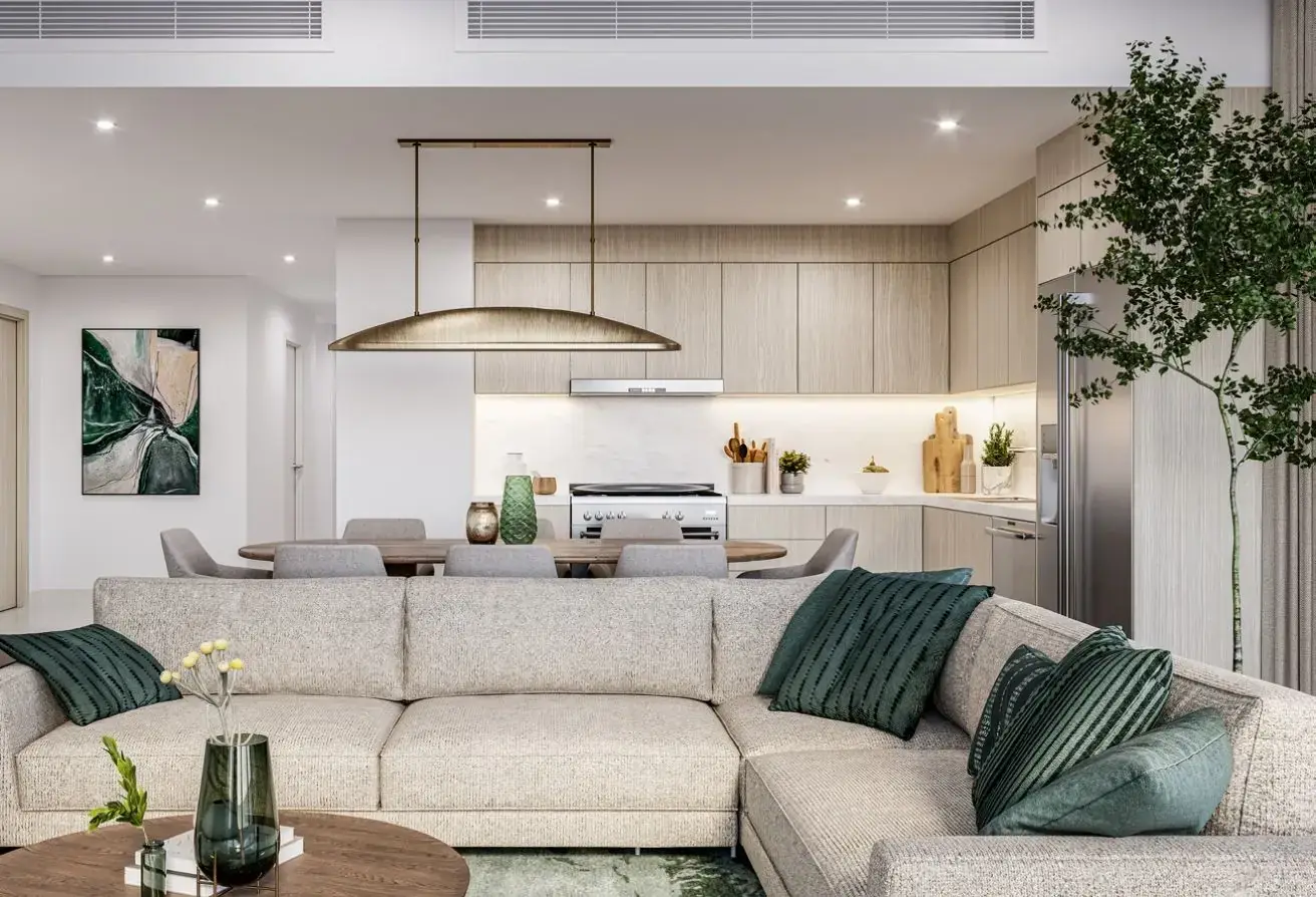 Open-plan living, dining and kitchen