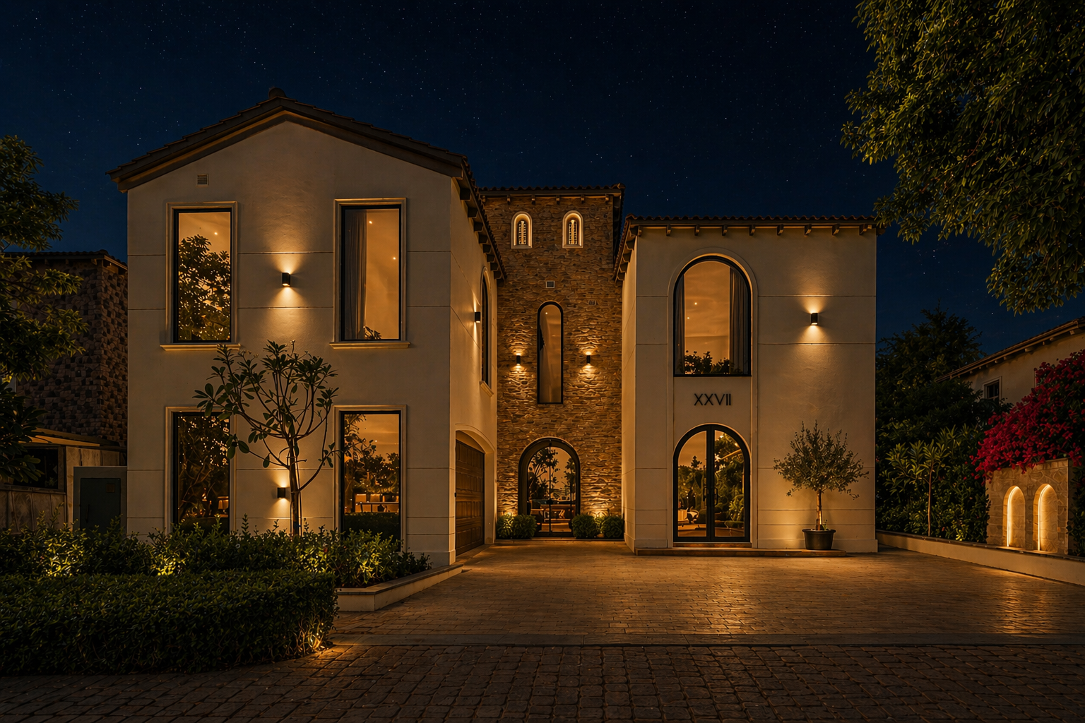 Illuminated villa at night, Dubai
