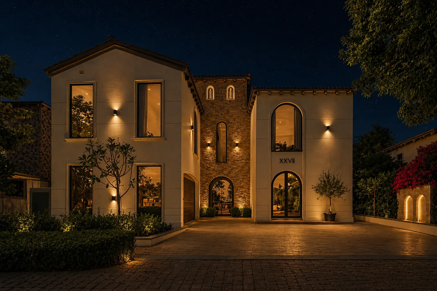 Illuminated villa at night, Dubai