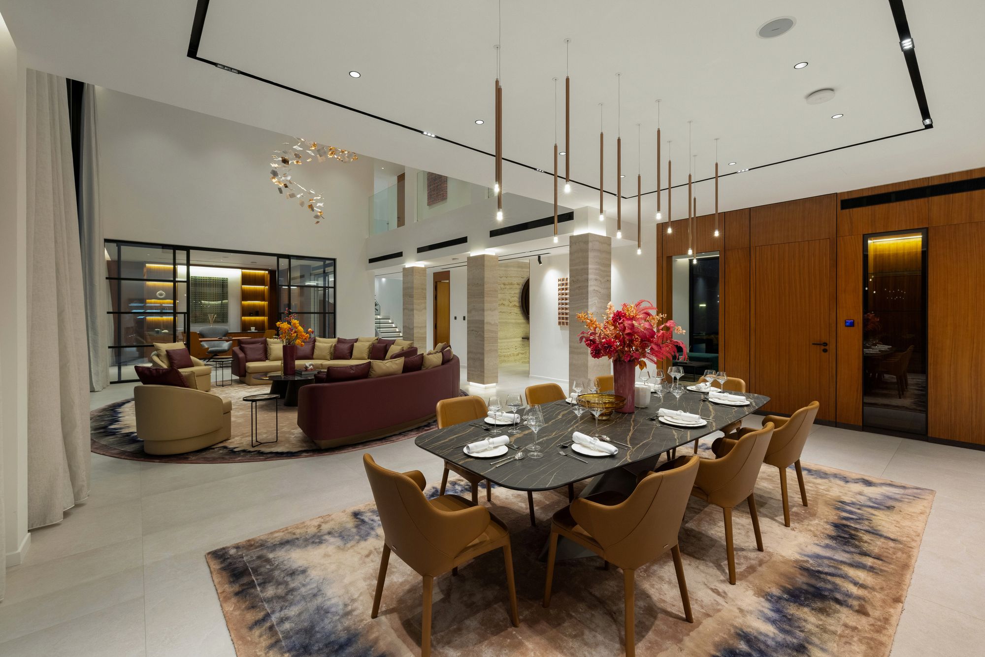 Dining and living areas at night