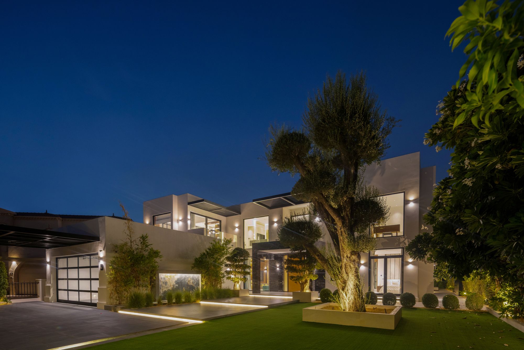 Villa facade at night