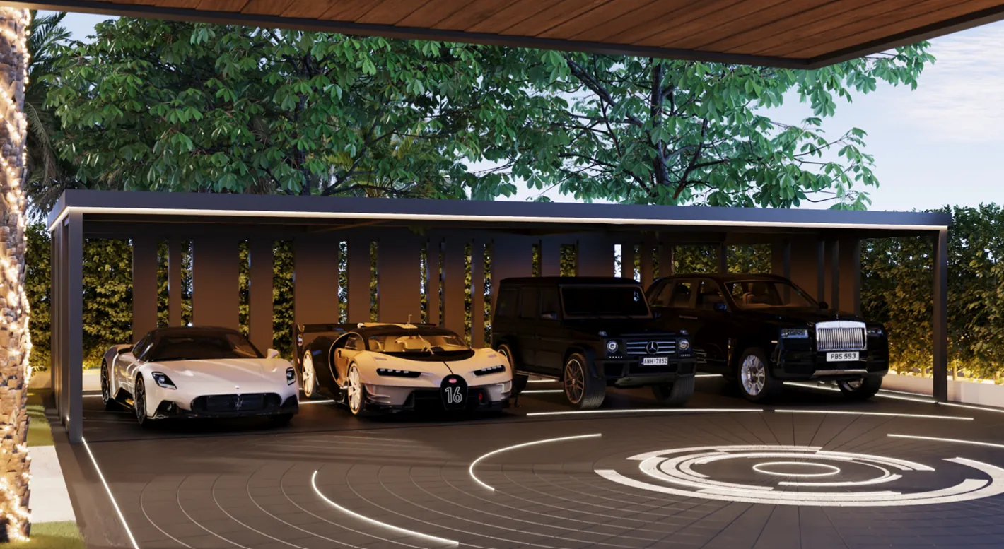 Four-car carport with lit forecourt