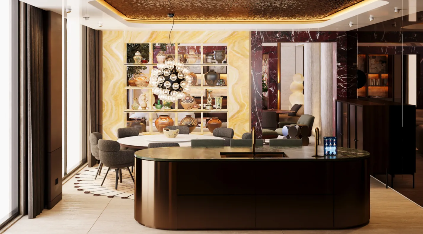 Bronze kitchen island and dining