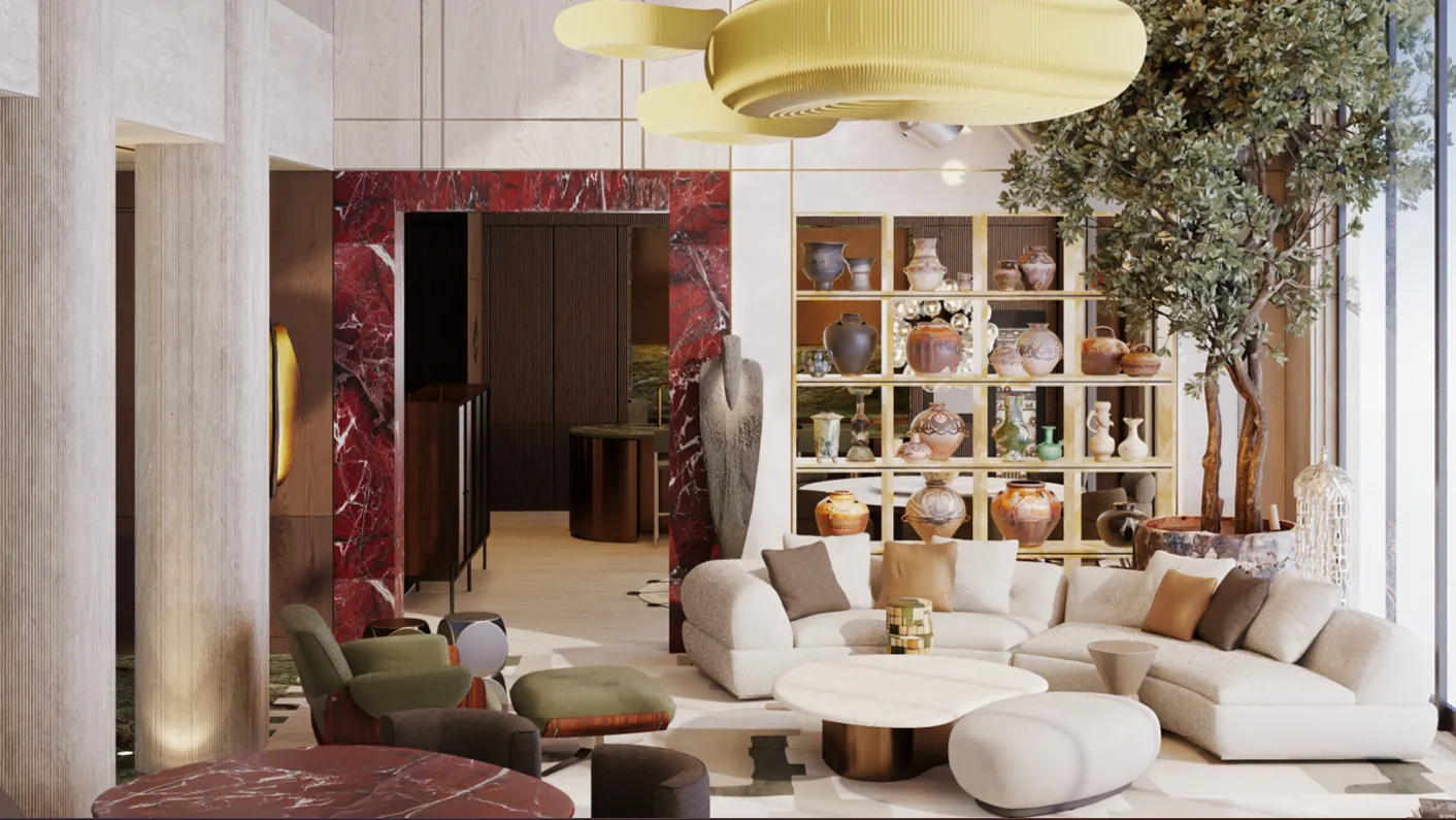 Living room with red marble portal and curated display