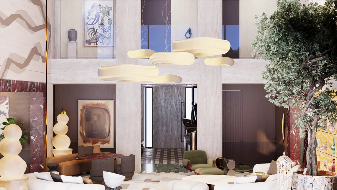 Double-height lounge with sculptural pendants