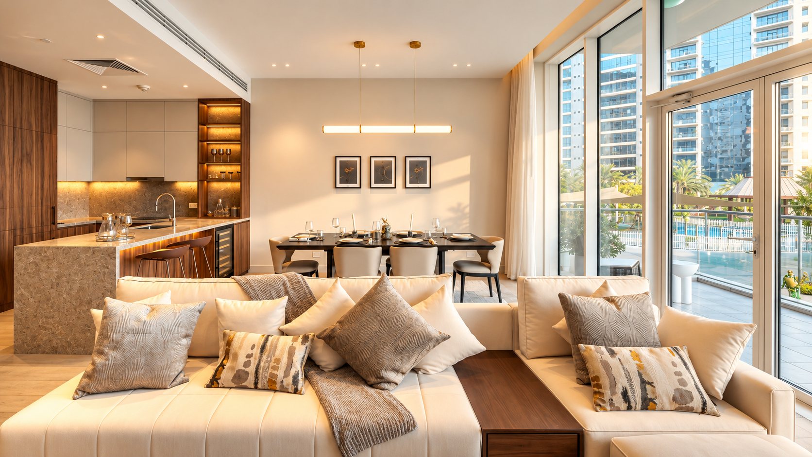 Living room, dining area and kitchen opening onto the terrace