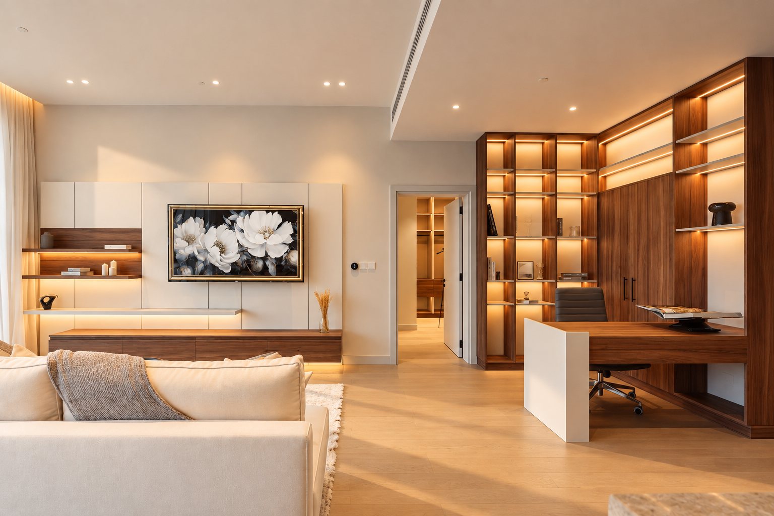 Living area with built-in study and lit walnut shelving