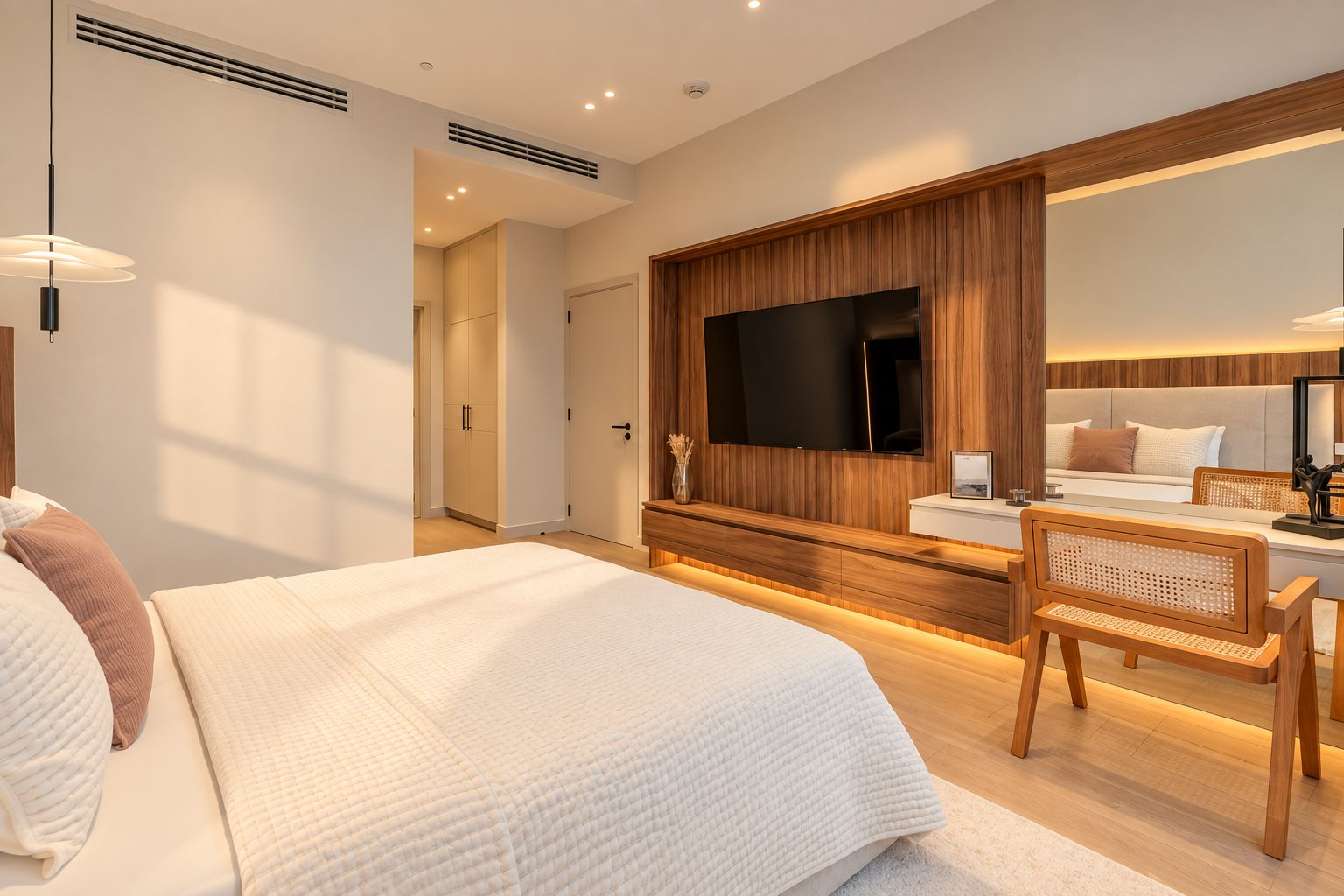 Bedroom with vanity desk and media wall
