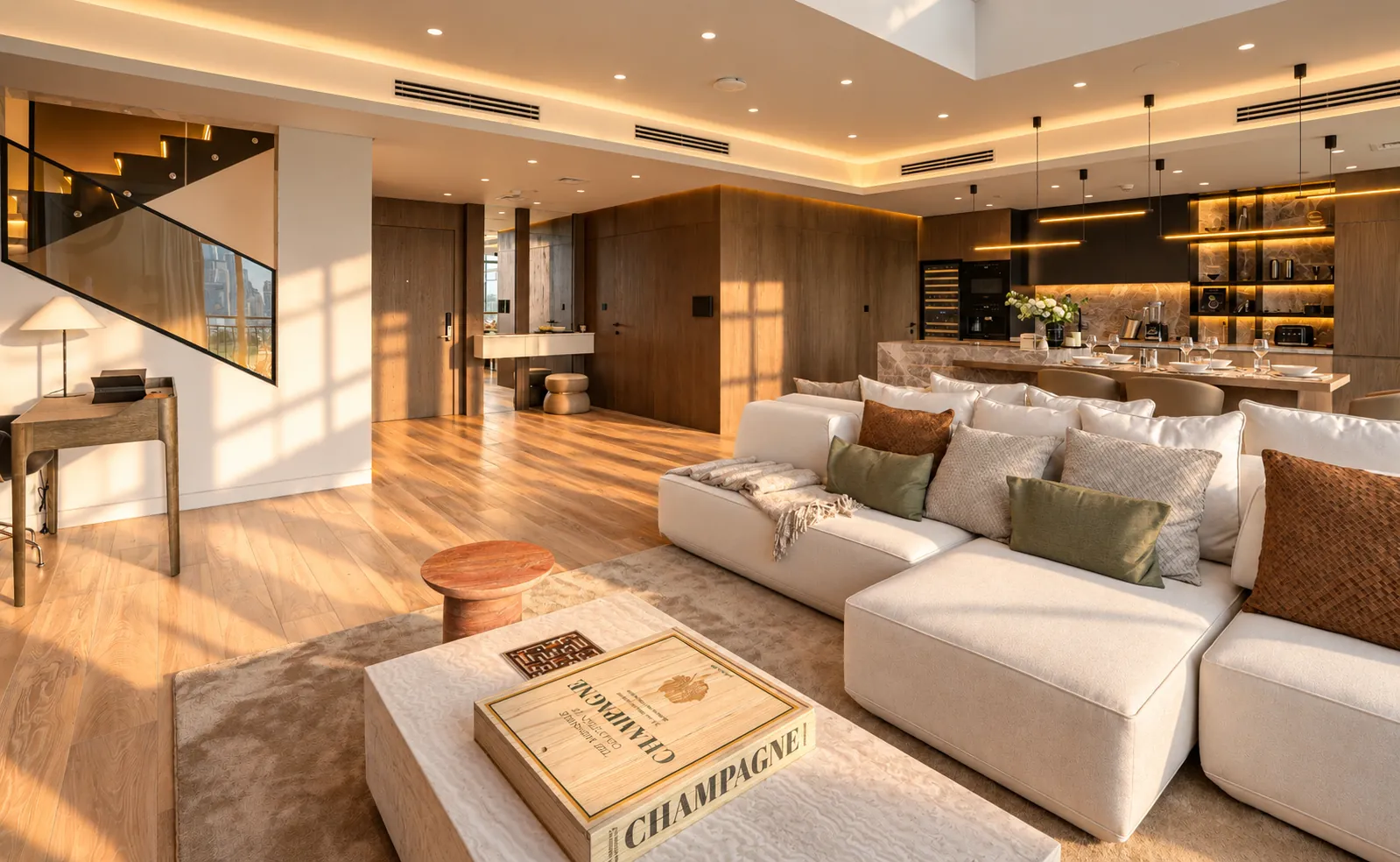 Kitchen galley with marble floor and oak joinery
