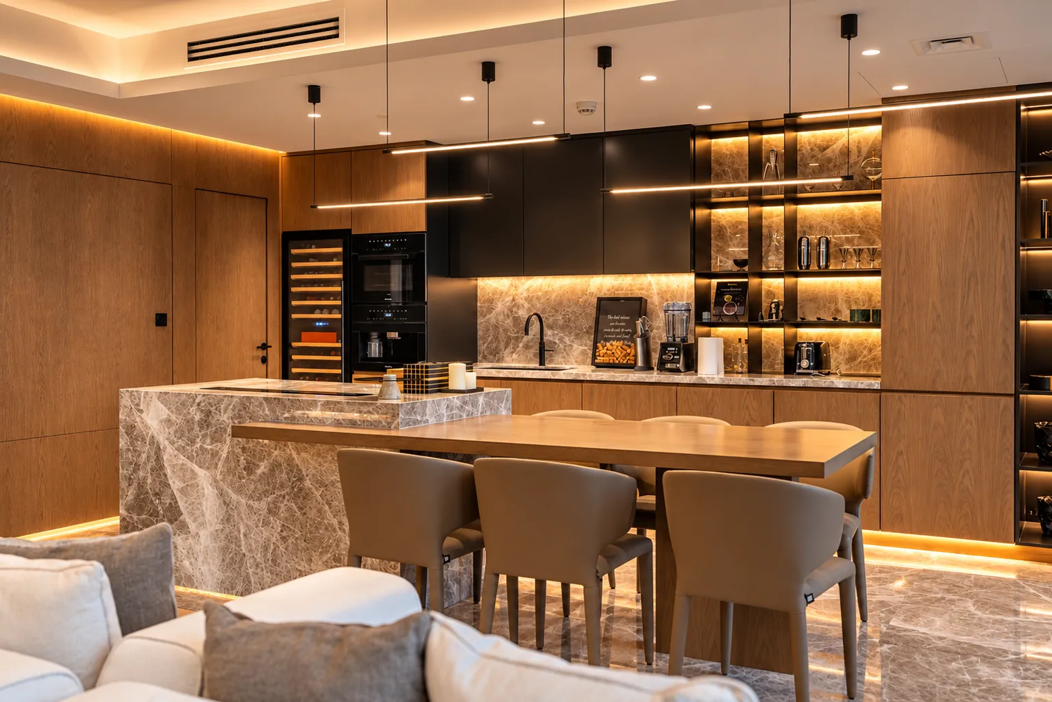 Kitchen with wine fridge and lit display shelving