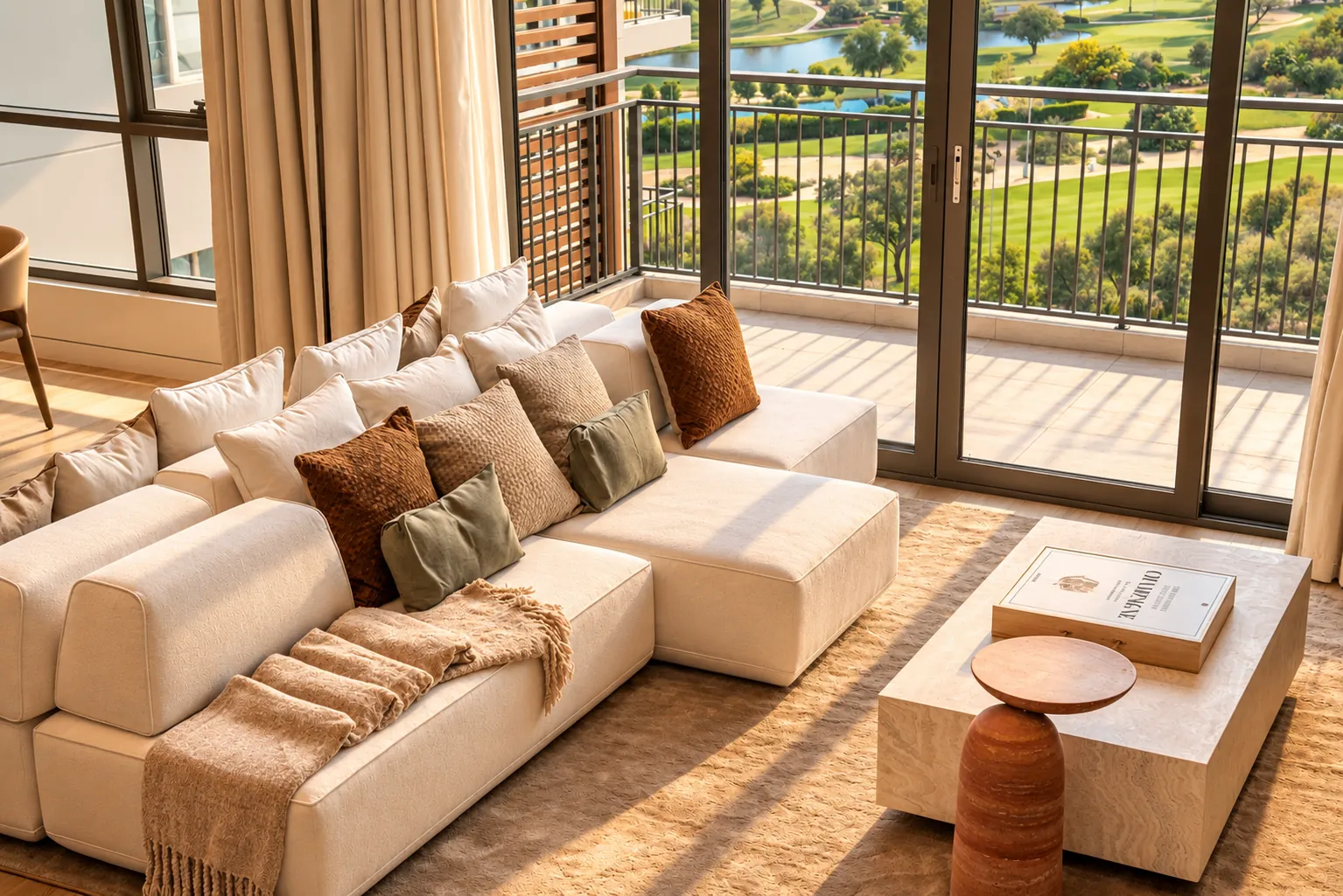 Living room opening to a balcony over the golf course