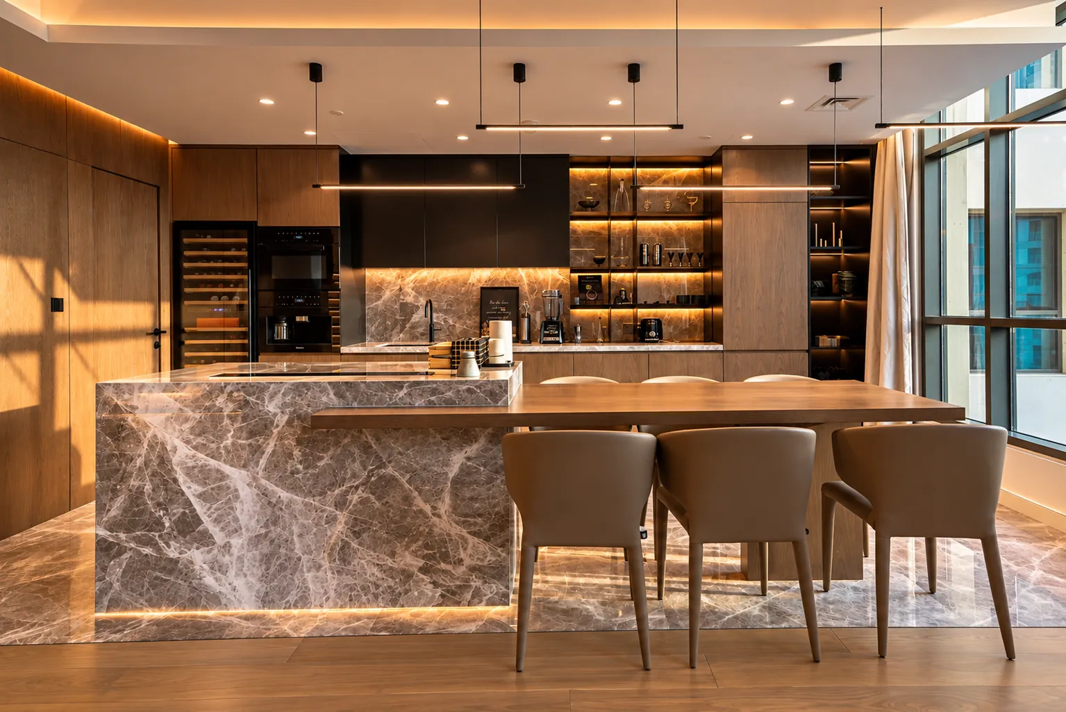 Marble kitchen island with integrated dining table