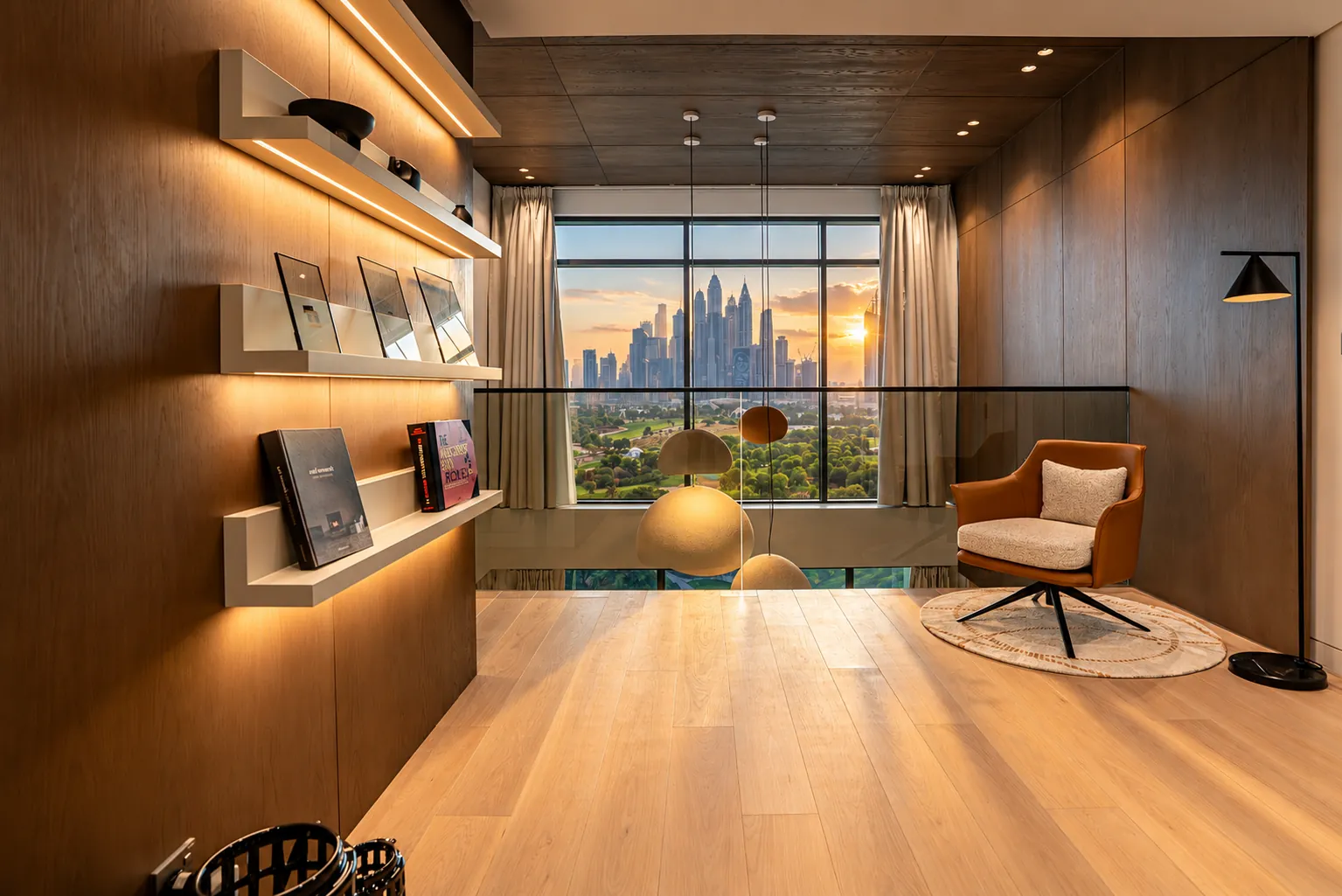 Mezzanine reading lounge overlooking the skyline