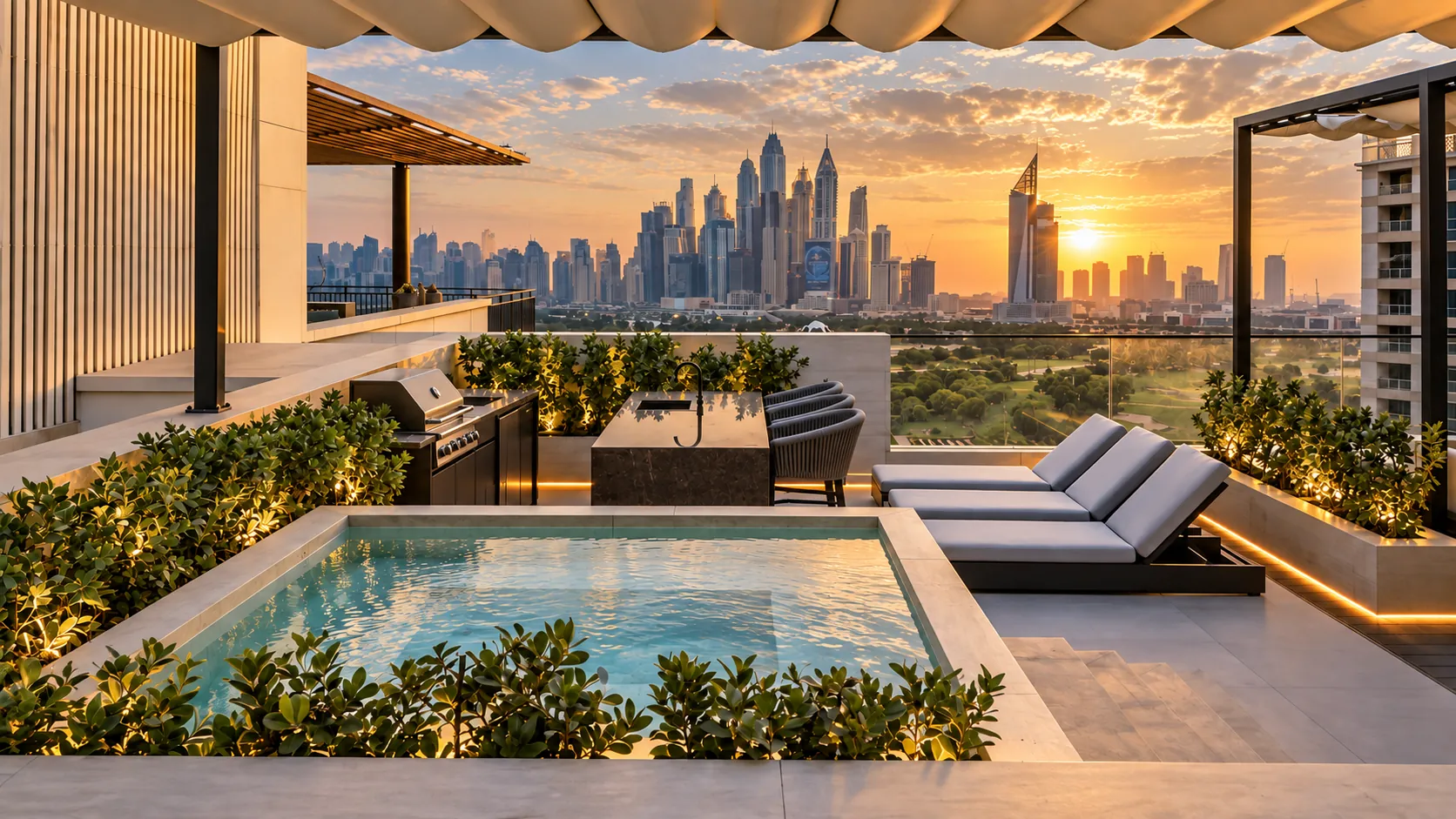 Private rooftop pool terrace with BBQ and skyline at sunset